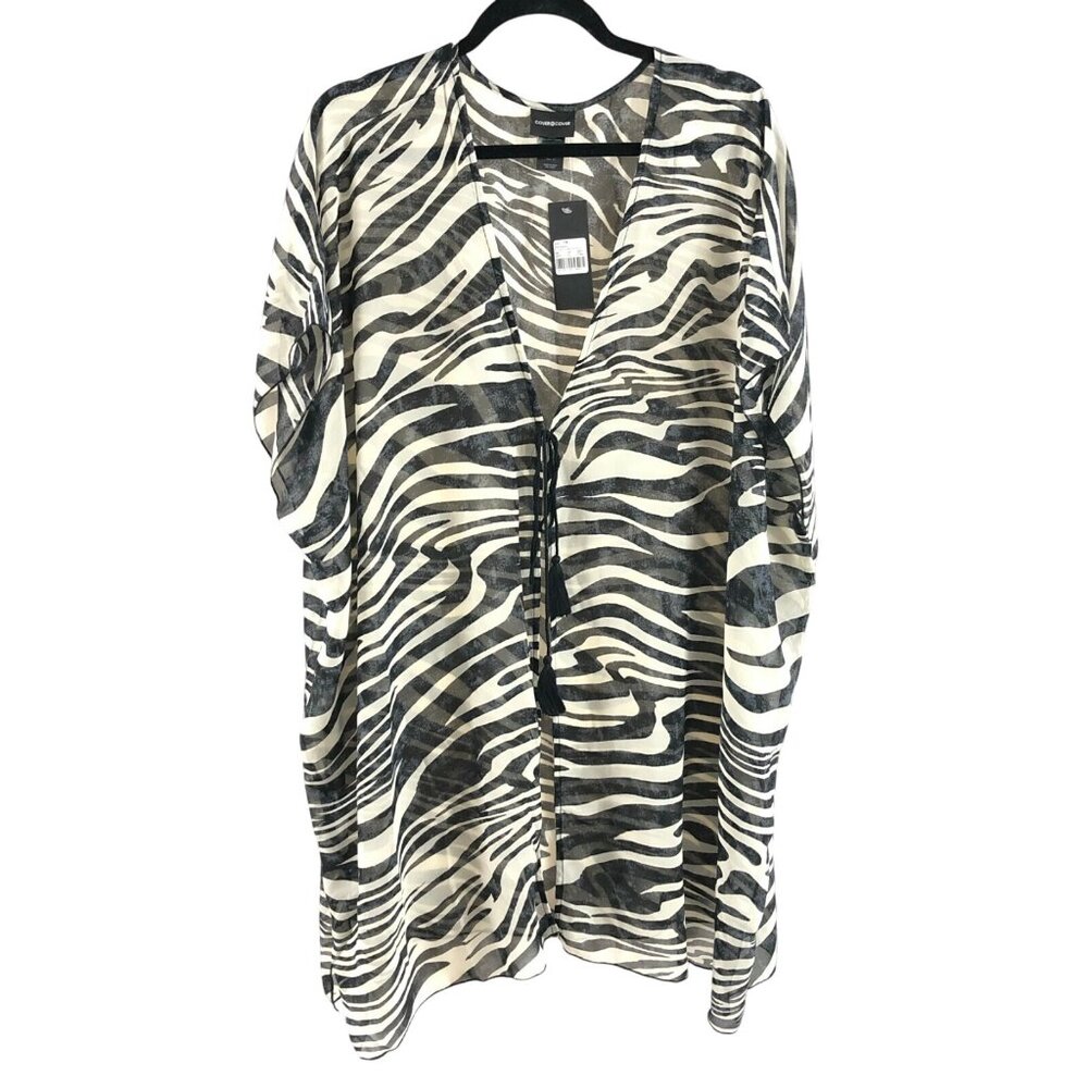 Cover2Cover Womens Swim Cover Up Robe Sheer Zebra Striped Black White Size 1X